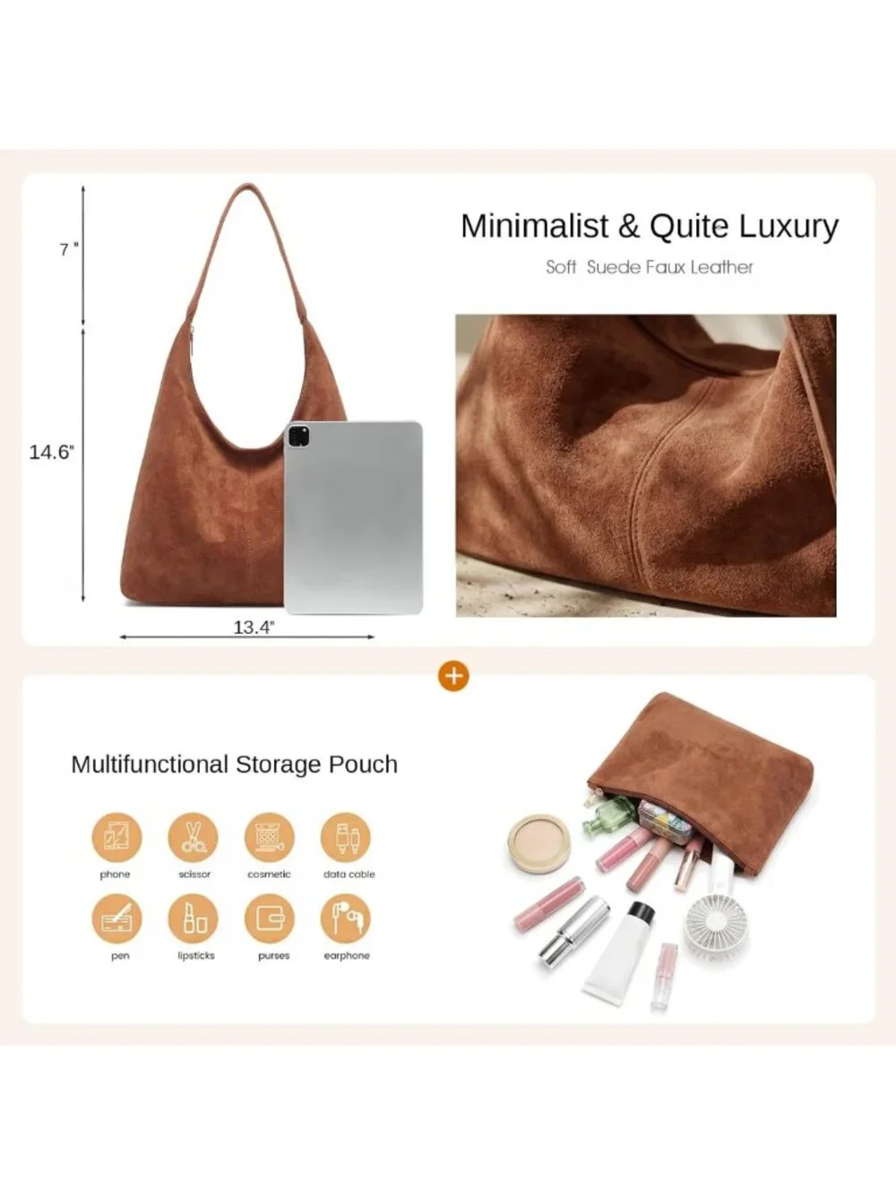 Soft Suede Slouchy Hobo Bag for Women | Casual Shoulder Tote Purse for Work